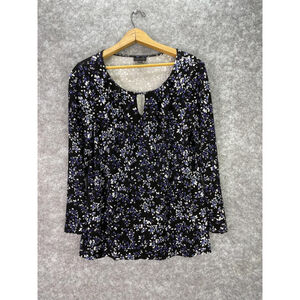 J Jill Wearever Shirt Womens Small Black Floral Keyhole Tunic Top Long Sleeve